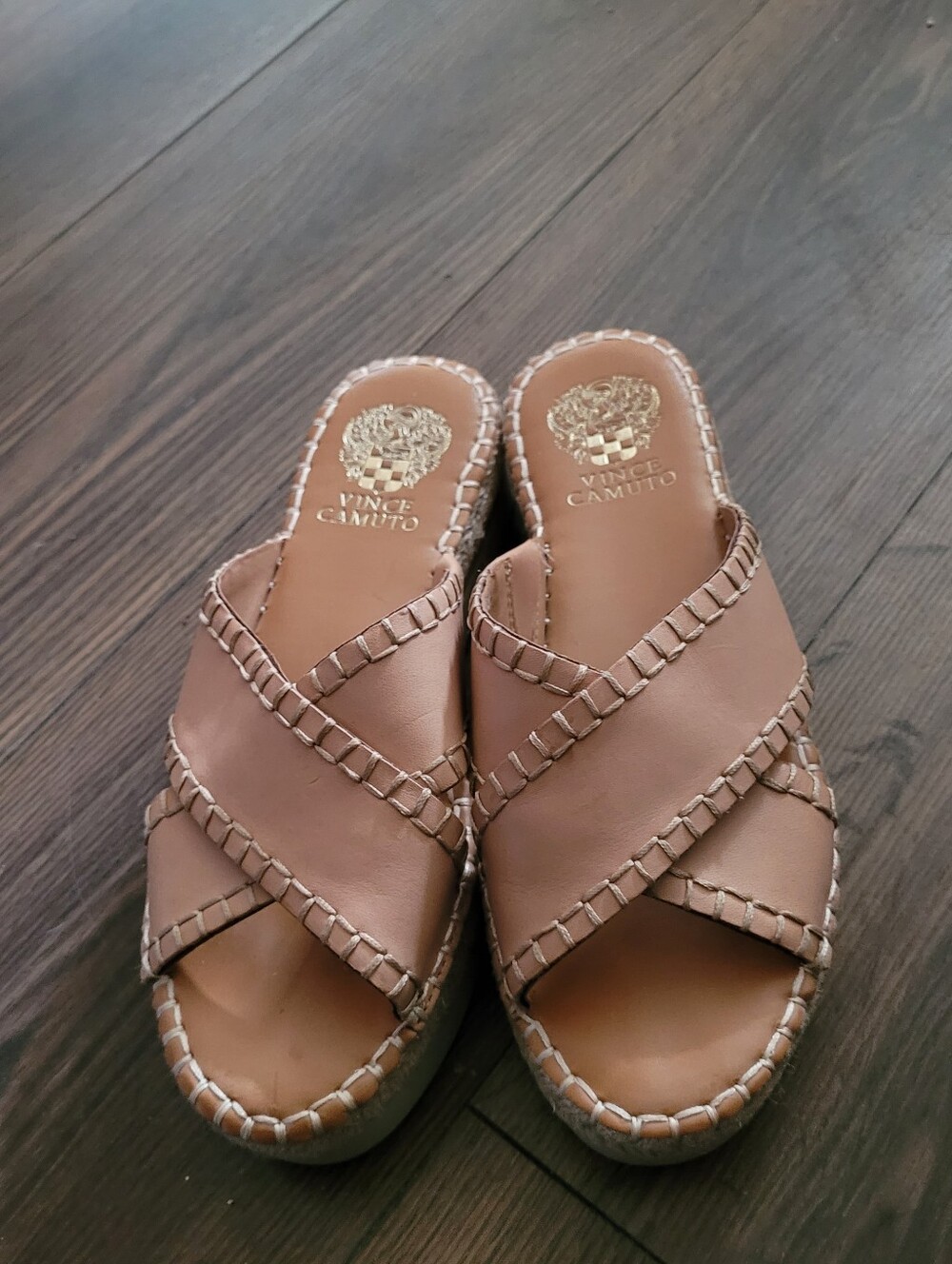 Vince Camuto Blush Tan Leather Crisscross Slide Mules